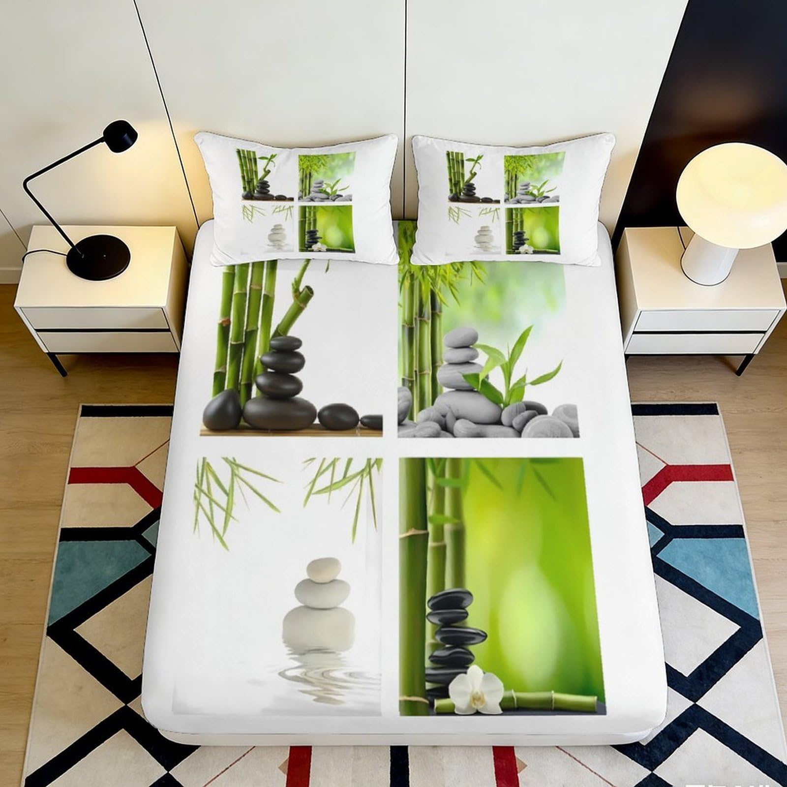 3D Printed Zen Bamboo Fitted Sheet Microfiber Green Nature Stones Mattress Cover for Bedroom Guest Room Easy Care 90x200x25cm