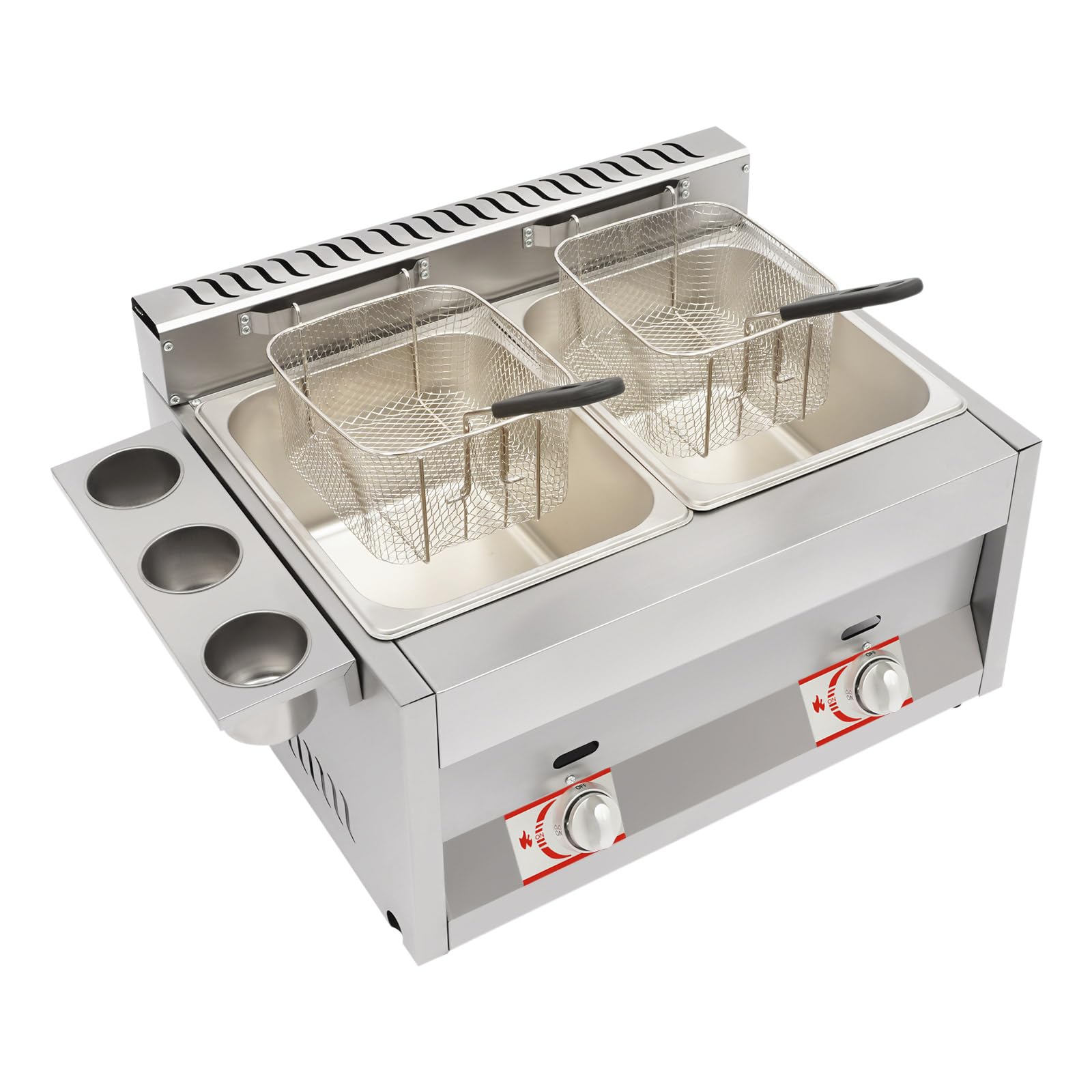 Friggitrice Professionale Doppia Vasca 12L, Friggitrice a Gas con 2 Bruciatori e Controllo Indipendente, Friggitrice per Ristorante Commerciale con Coperchi e Cestello Antiscottatura, Inox 430