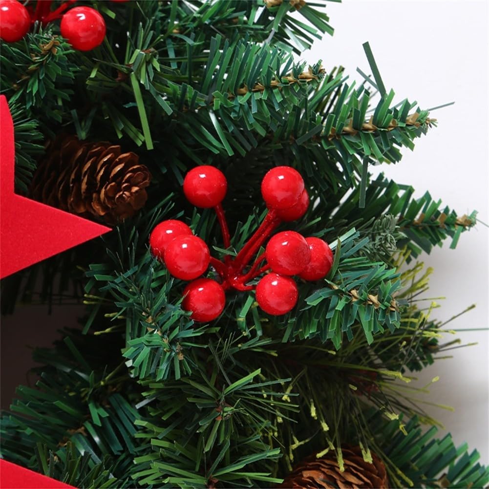 1 couronne de Noël artificielle, 30 cm ronde verte, couronne de Noël d'extérieur avec pommes de pin et baies rouges décoratives