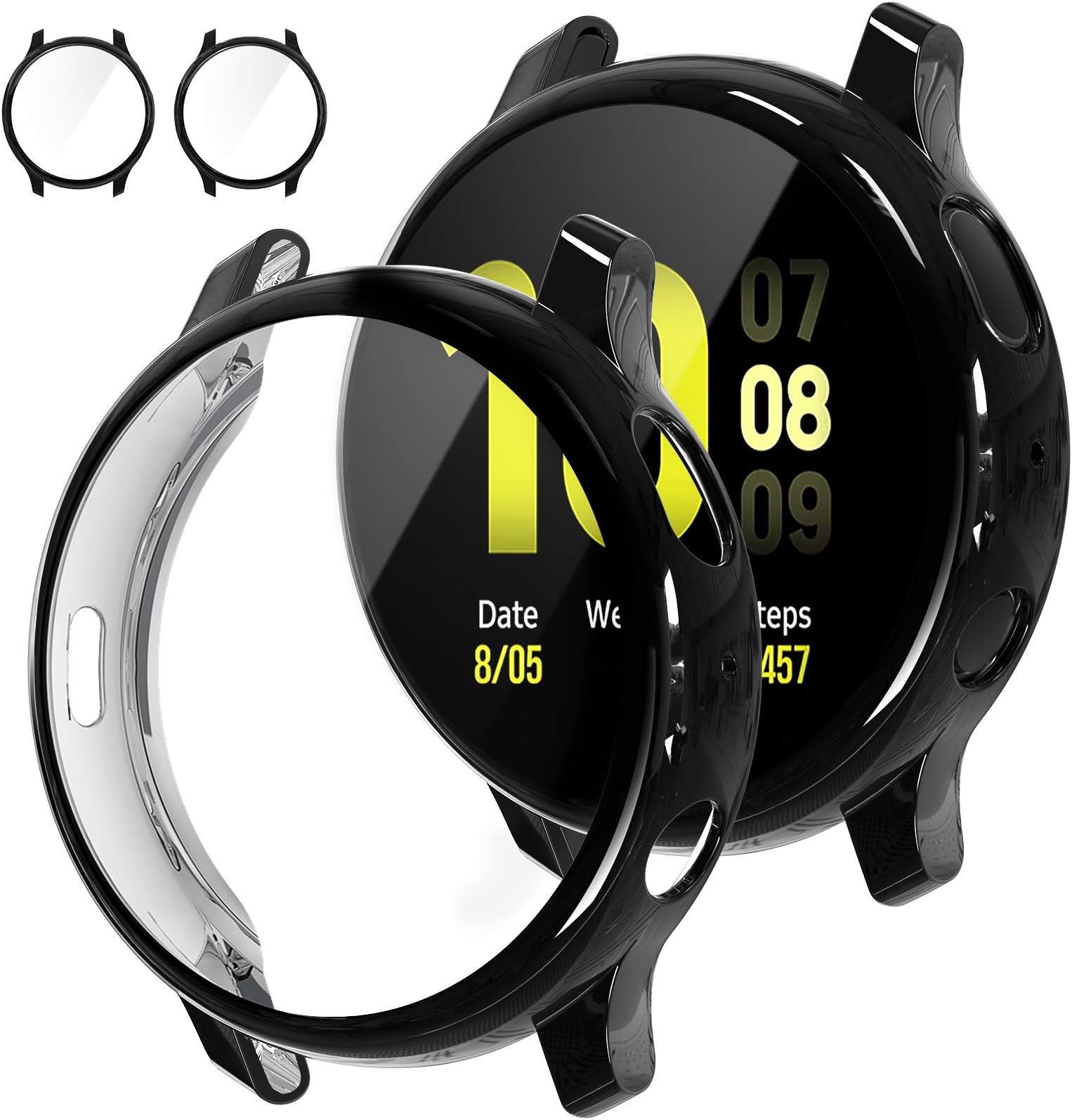[2Pack] Tensea Compatible with Samsung Galaxy Watch Active 2 Screen Protector Case 44mm, Bumper Full Around Cover for Samsung Galaxy Watch Active2 44 (Black, 44mm)