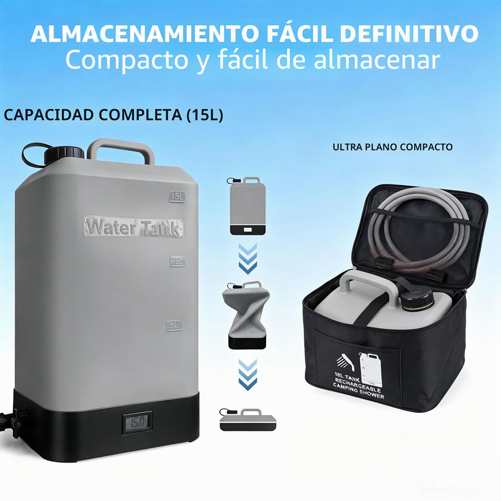 Tanque eléctrico Integrado de Silicona de 16 litros,Ducha portátil al Aire Libre,con Cabeza de Ducha,Carga USB,Ducha eléctrica,Adecuado para Senderismo/Camping,Playa,Mascotas,al Aire Libre | Tanque eléctrico integrado de silicona de 16 litros,ducha portát