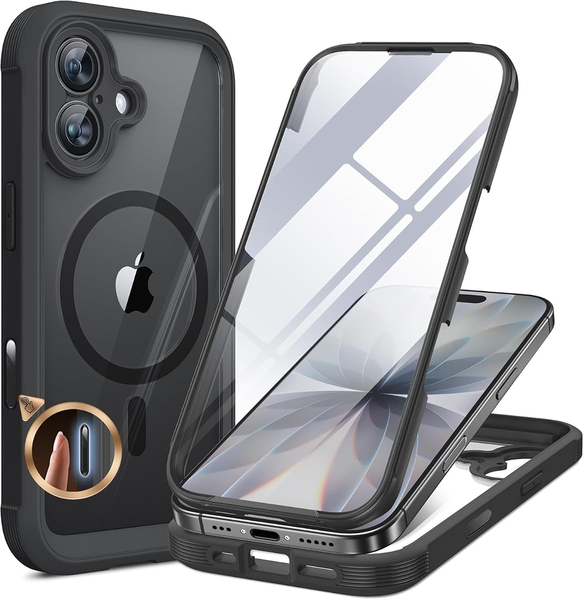 Miracase Funda para iPhone 17 de 6,3 pulgadas, protección militar contra caídas de cuerpo completo, funda para teléfono exterior con pantalla de vidrio incorporada y control de cámara, fácil instalación, sin espacios, compatible con MagSafe, negro