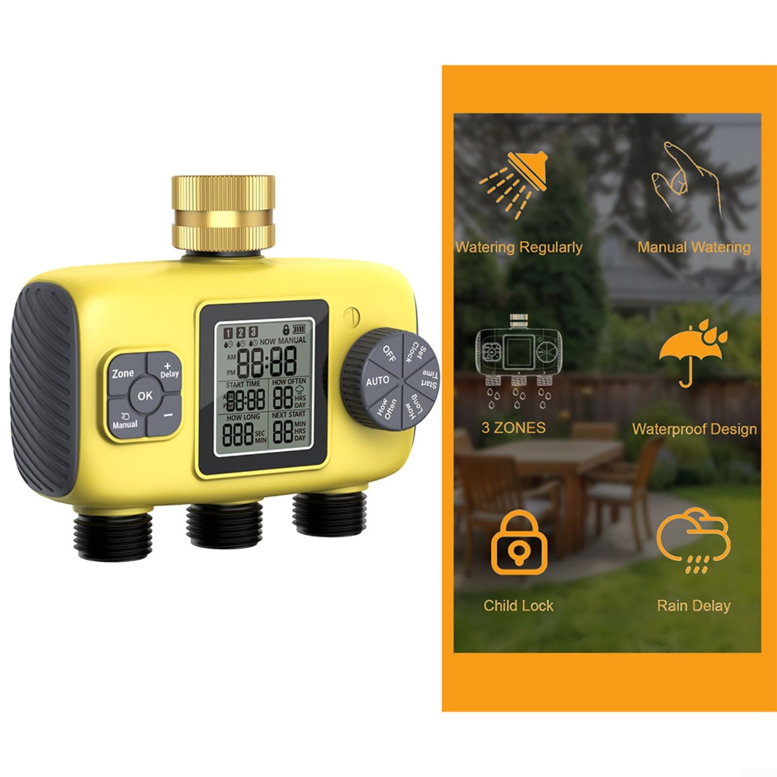 Timer per irrigazione a 3 uscite con ingresso in ottone, sistema di irrigazione automatico per giardino, 3 per programmi ZONE, blocco bambini, giallo