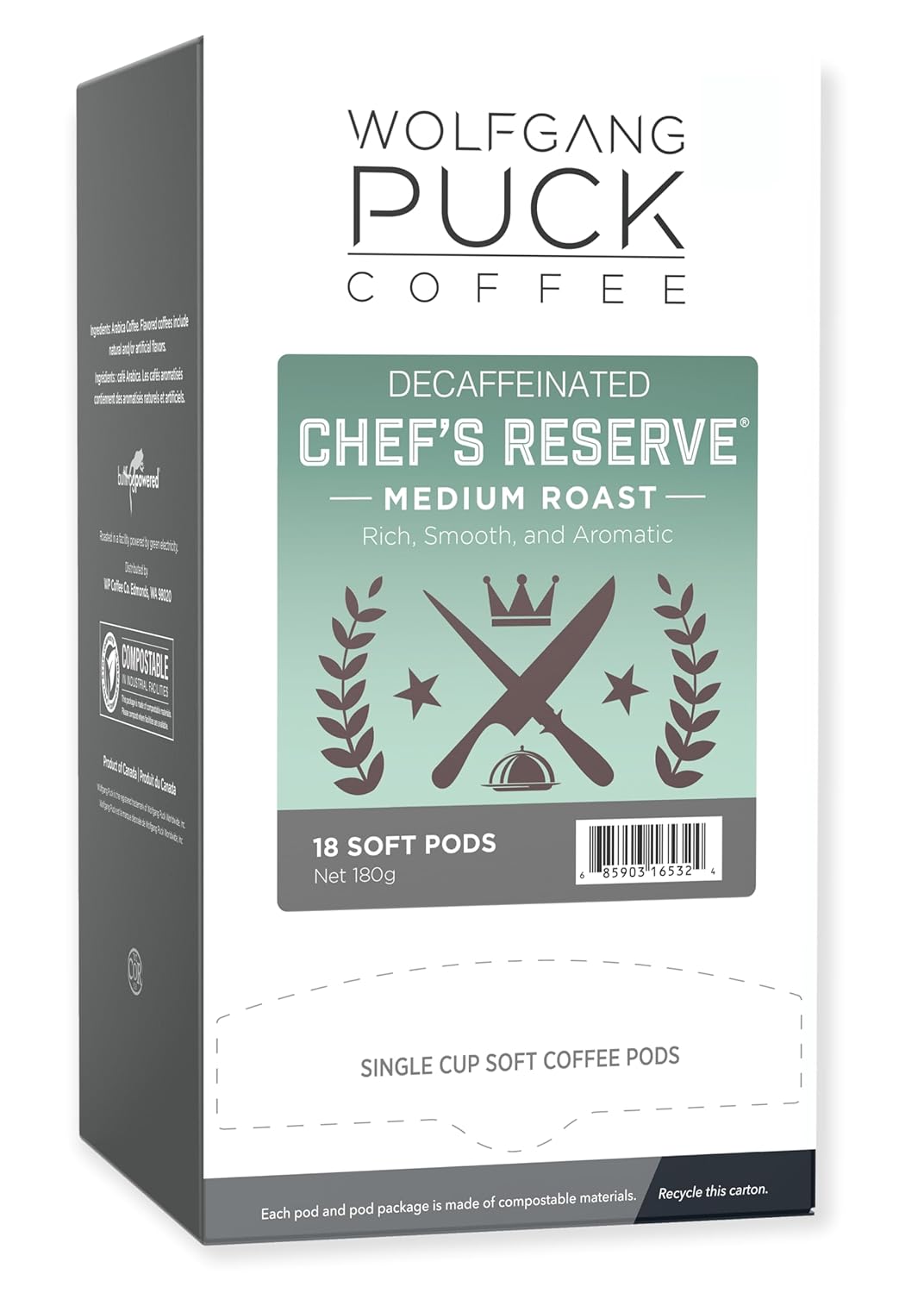 Wolfgang Puck Coffee, Chef’s Reserve Decaf, 9.5 Gram Pods, 18 Count (WGP016432)