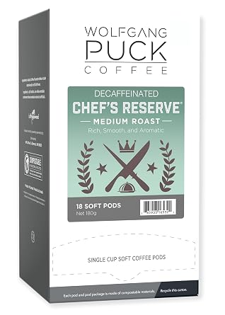 Wolfgang Puck Coffee, Chefs Reserve Decaf, 9.5 Gram Pods, 18 Count WGP016432