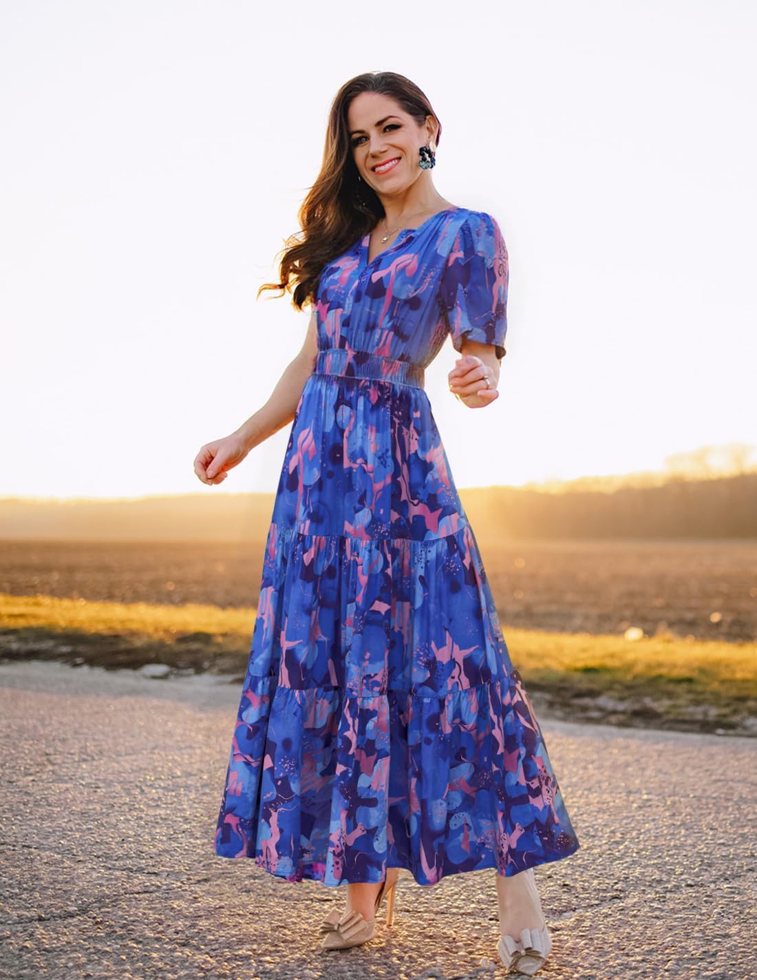 ZESICA Women's 2026 Summer Spring Floral Boho Maxi Dresses Casual Short Sleeve V Neck A Line Flowy Beach Vacation Dress - Image 5