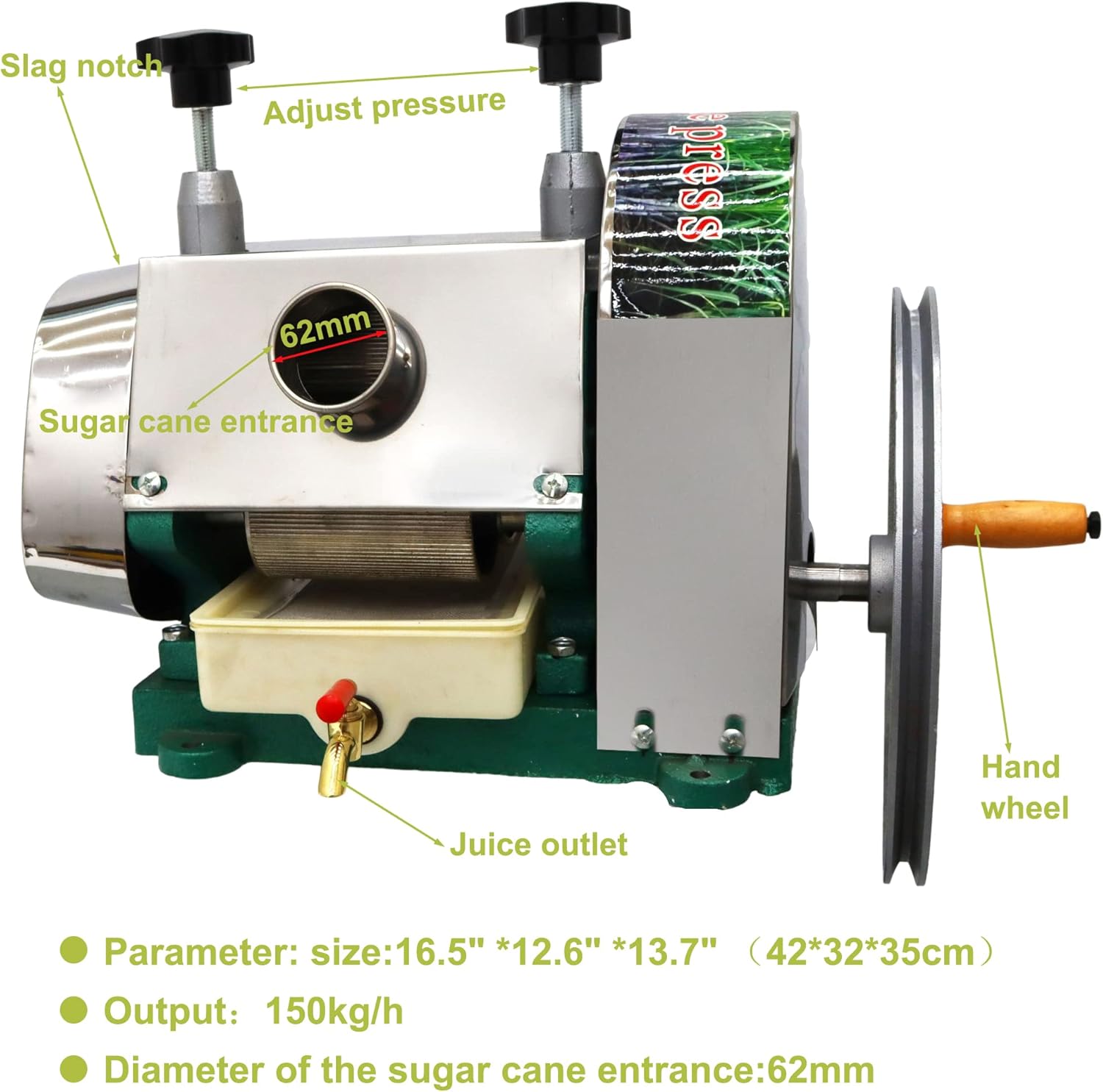Manual Sugar Cane Juicer Machine 330LBS/H Output Sugarcane Press Juicer with Three Rollers Sugarcane Juice Press Machine with Handwheel, Faucet, 2 Peeling Knives for Household Commercial Use
