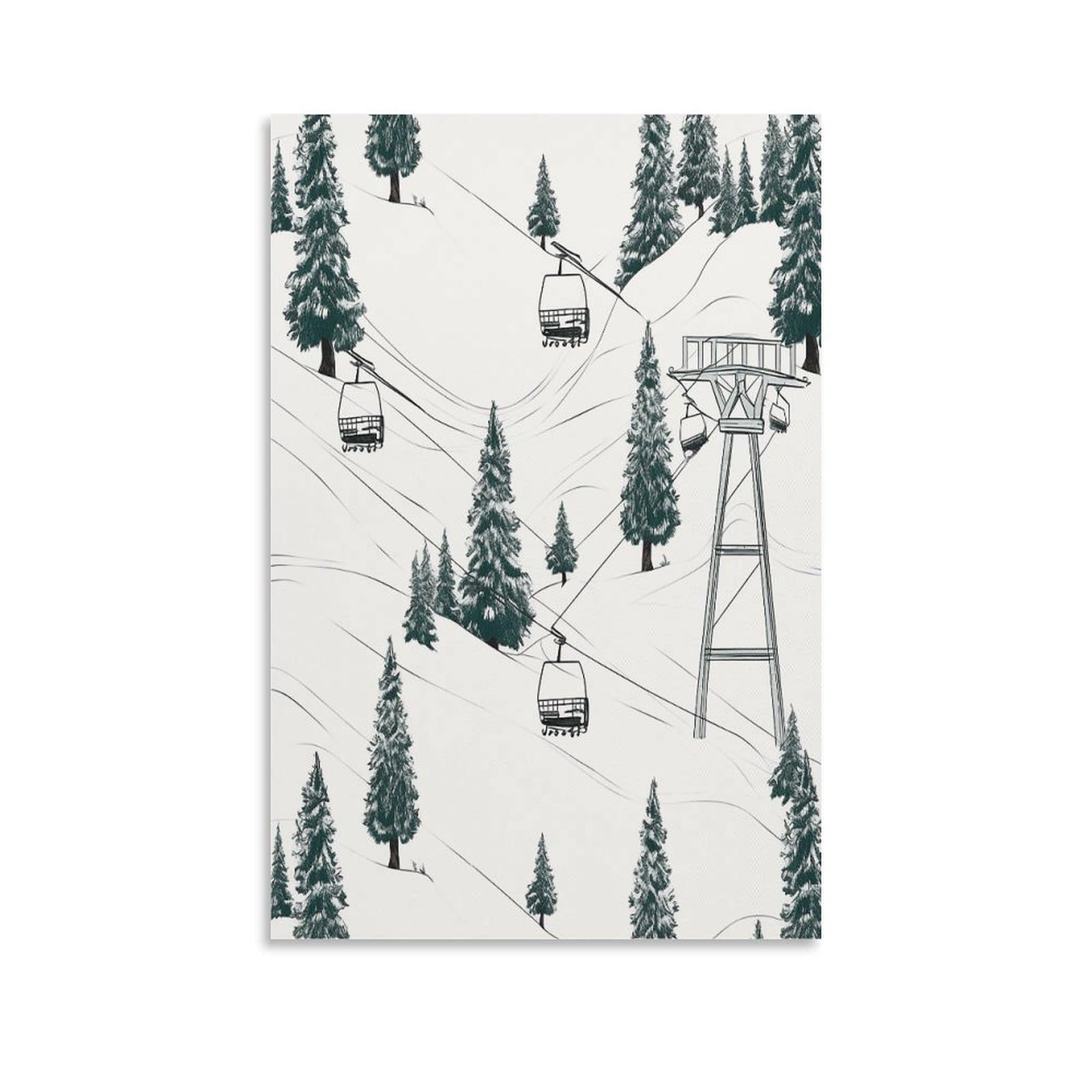 LDGSUPH Ski Lift With Fir Tree Canvas Wall Art Prints Hangable Decor Painting for Wall Prints Painting Artwork Modern Decorative Artwork Ready to Hang Wall Pictures for Home Decor 08x12inch(20x30cm)
