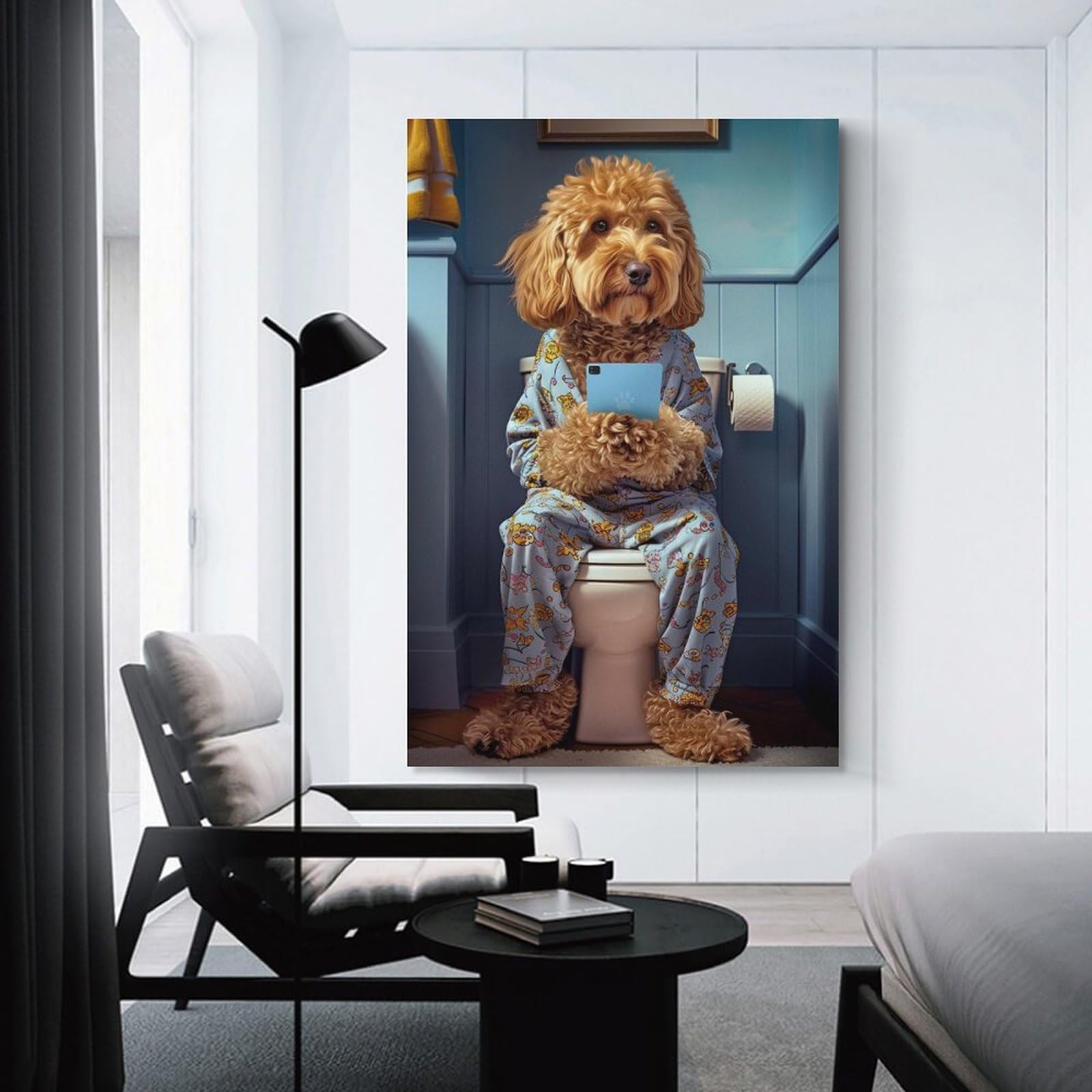 Junmoney Unframe-Style-18-1 Cockapoo On The Toilet Canvas Art Print 20X30inch(50X75cm), For Work Areas, Reading Rooms Or Studios, Canvas Wall Decor For Creative Rooms