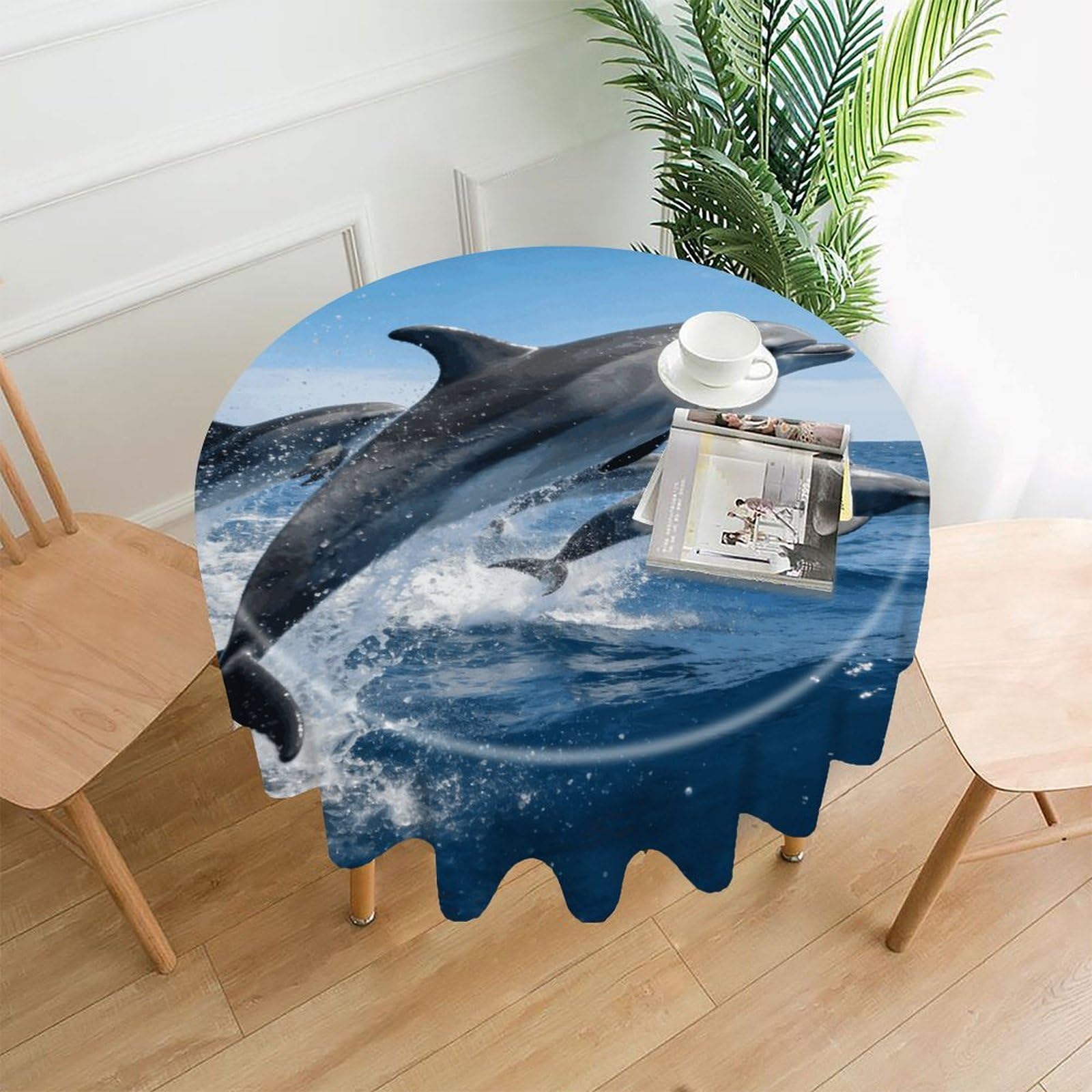 LZQPOEAS Dolphins Tablecloth Easy to Clean Polyester Round Table Cover Washable Round Table Cloth Wrinkle-Free Circle Decoration Tablecloth for Kitchen and Dining Room 60"
