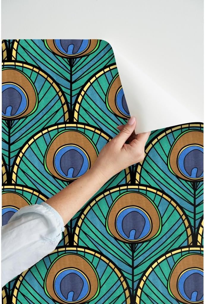 Peel & Stick Wallpaper 3ft x 2ft - Peacock Art Deco Fan Pattern Feather Blue Green 1920S Vintage Inspired Gold Animal Print Scallop Custom Removable Wallpaper by Spoonflower
