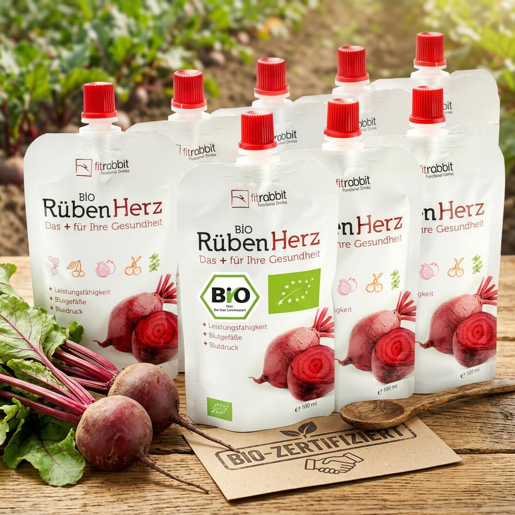 FitRabbit Bio RübenHerz, Concentrado de Remolacha, Nitratos Naturales, Granada y Acerola. Remolacha para Rendimiento Deportivo, Salud Cardiovascular y Presión Arterial, 12 Sobres de 100ml