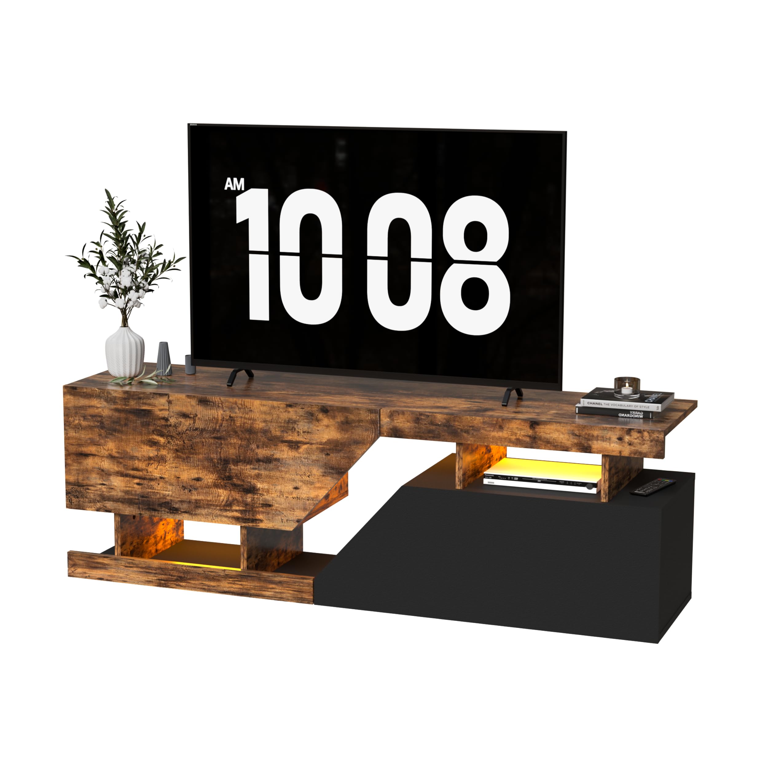 Meuble TV pour Télévision jusqu'à 65 Pouces Banc TV LED Armoire de Télévision avec ouverture sans poignée 2 volets/portes Meuble Télé de Salon Lowboard pour Téléviseur Salon, Salle à Manger, Chambre
