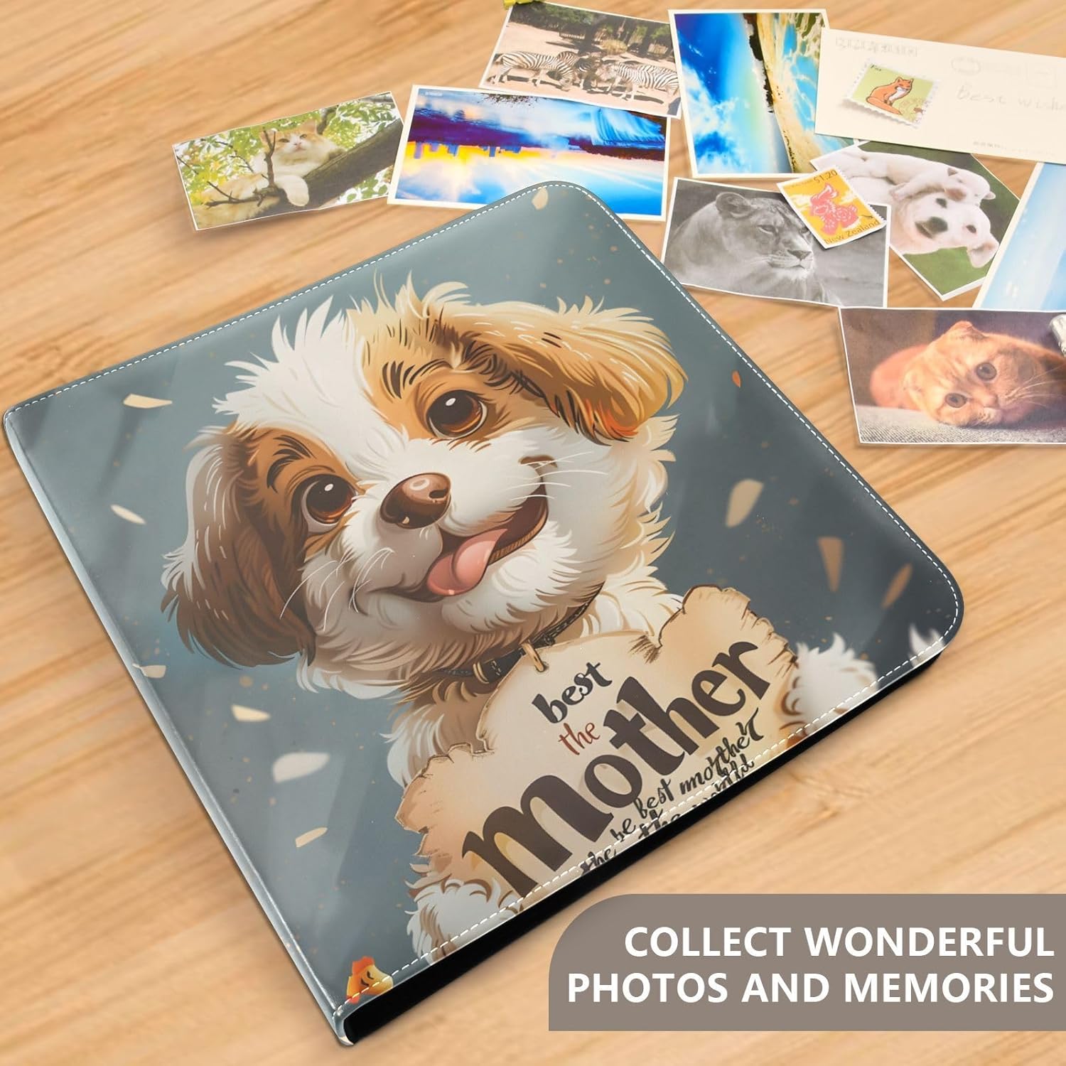 JIPONI Mother's Day Best Mother Dog Large Photo Album, DIY Leather Cover Scrapbook Albums for 4x6 5x7 6x8 Pictures, Self Adhesive Memory Book for Wedding, Baby, Family