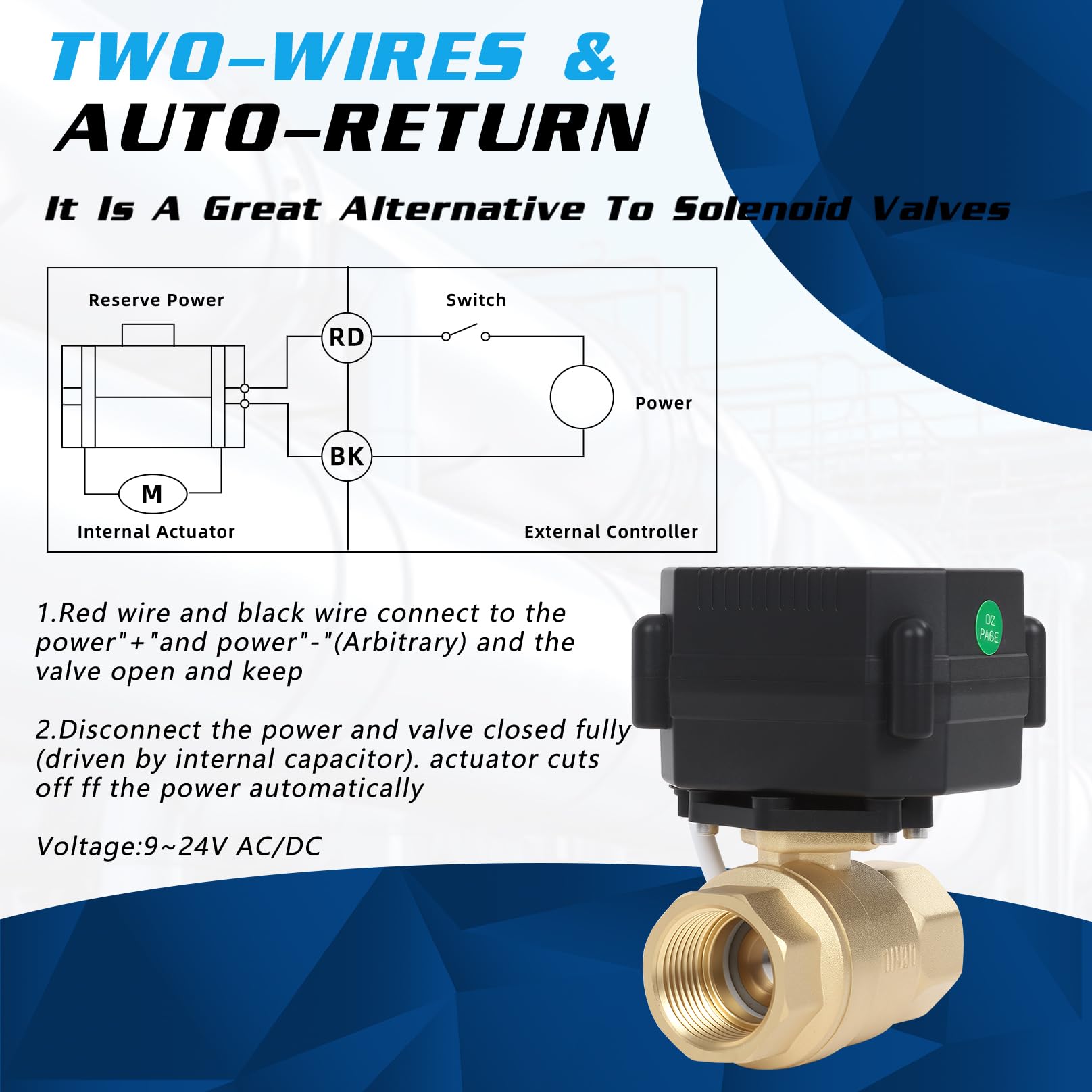 U.S. Solid Motorized Ball Valve- 3/4" Brass Ball Valve with Standard Port, 9-24V AC/DC and 2 Wire Auto Return Setup (Pack of 12) product image 20