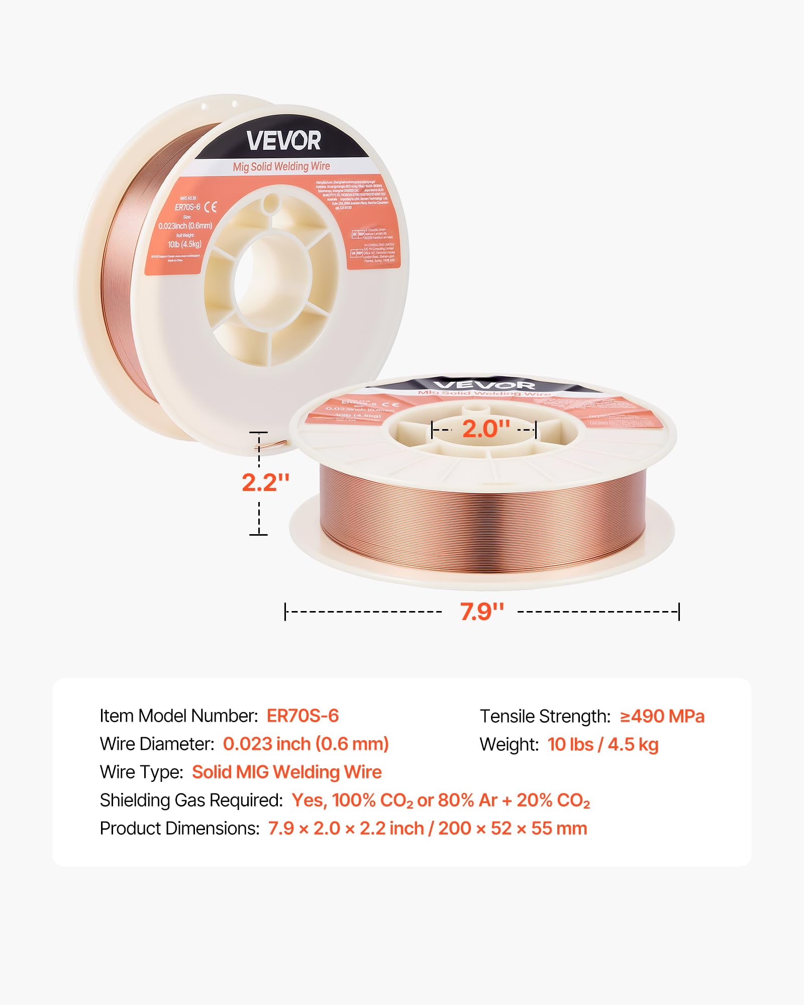 VEVOR Fil Plein MIG 0,6 mm 4,5 kg par Bobine Fil de Soudage MIG Plein ER70S-6 pour Soudage sous Protection Gazeuse dans Toutes Positions, Acier Doux, Faible Projection, Haute Teneur en Désoxydants