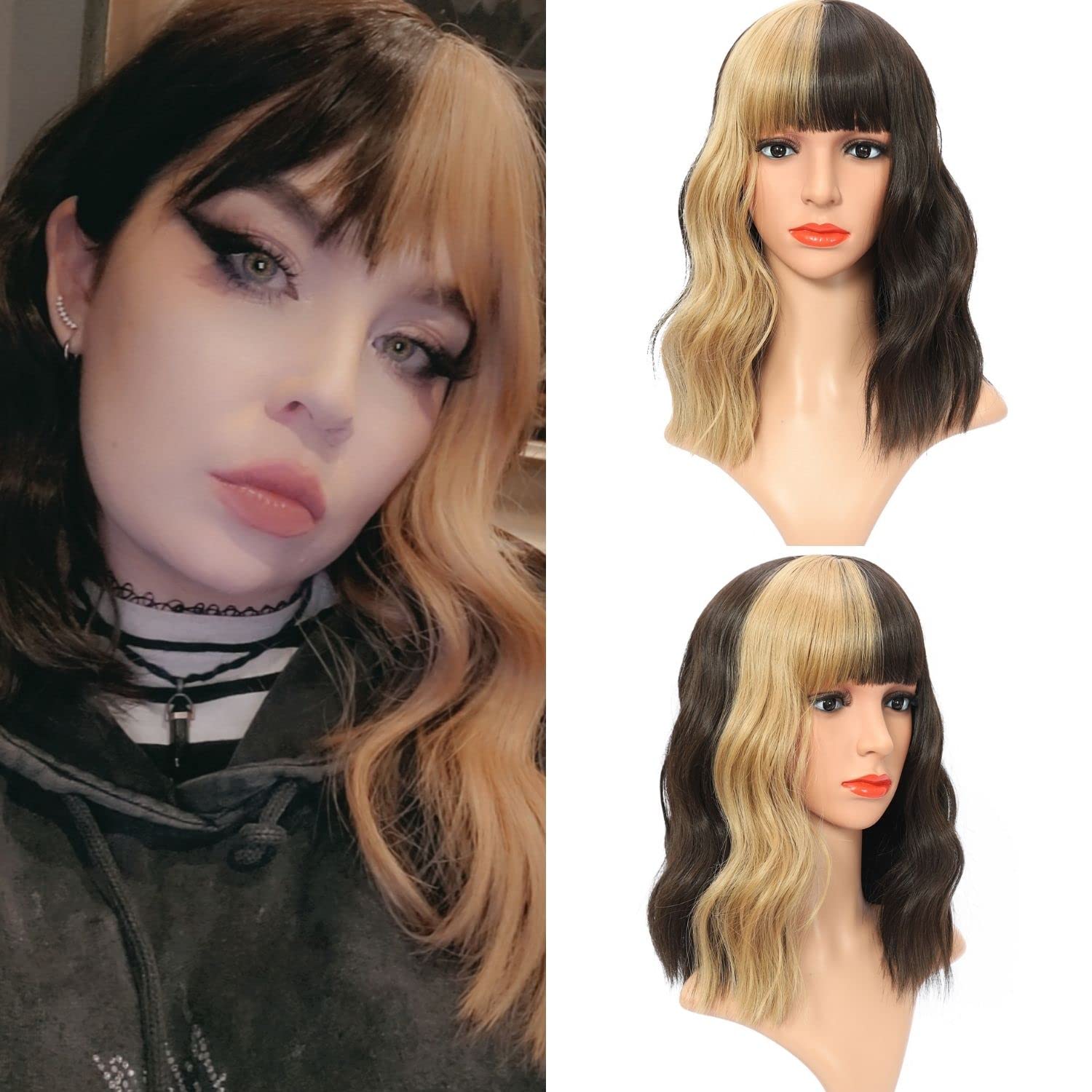 SOVAEER Brown Short Wavy Wig with Bangs Shoulder Length Wigs with Highlight Ash Blond Hair Streaks For Halloween Costume Wigs Curly Wavy Synthetic Wigs (12"brown ash blonde)) … - Natural Brown
