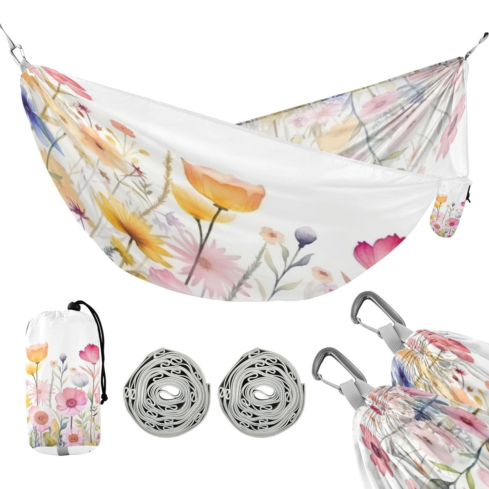 Haskirky Summer Flowers Camping Hammock, Single Portable Hammocks with Tree Straps & Attached Carry Bag, 330Lbs Capacity Perfect for Outside Indoor Hiking Beach Backpack Travel