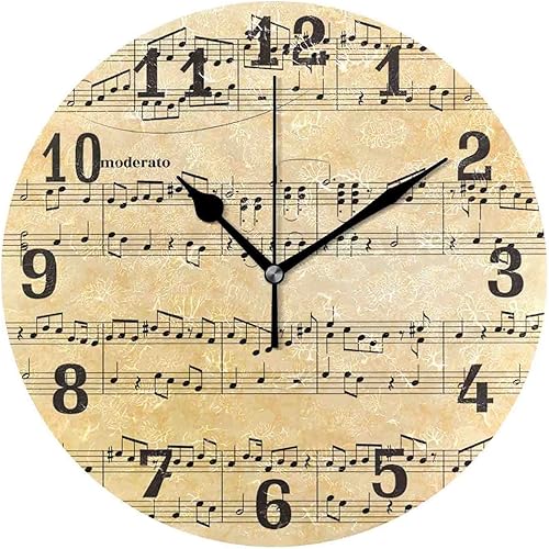 Reloj de pared de 10 pulgadas sin tictac, tema de notas musicales vintage, decoración del hogar vintage para sala de estar, cocinadormitorio