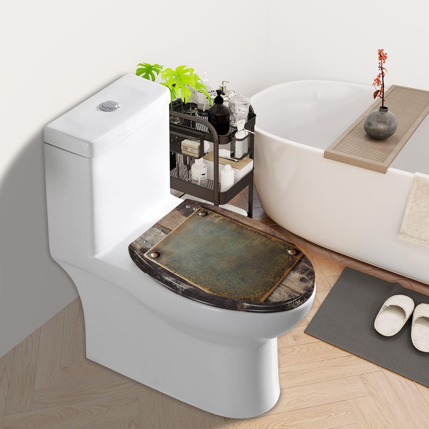 Asiento de inodoro alargado con cierre suave para uso en el baño.