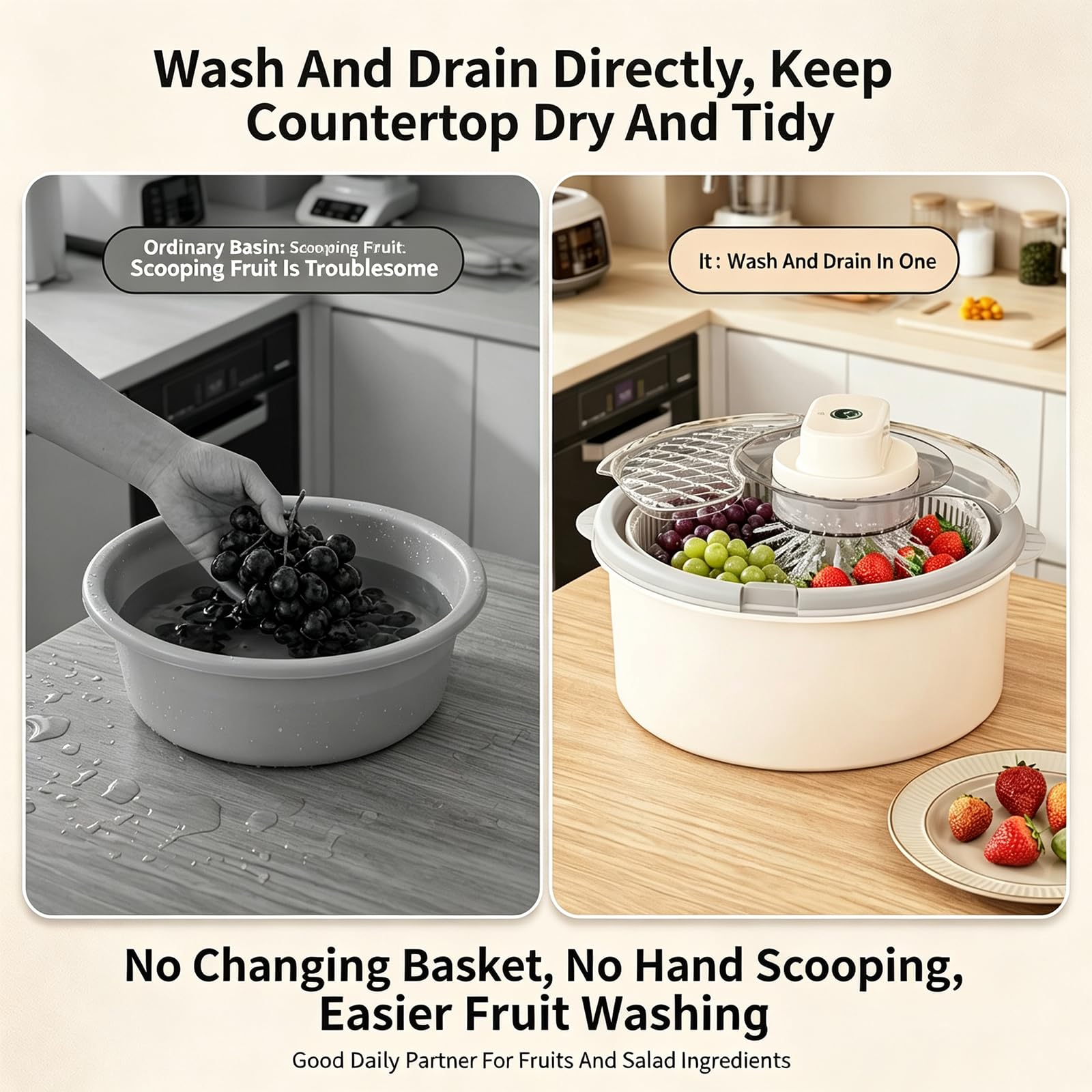 Centrifuga per Insalata E Lavatrice per Frutta E Verdura, Centrifuga Elettrica per Lattuga, Asciuga Verdure con Base Antiscivolo, Pulitore per Frutta E Verdura per La Blue