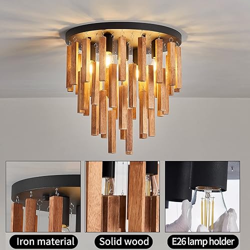 Miniatura 5 de Lámpara de techo semiempotrada de 5 luces, lámpara de techo de madera rústica, lámpara de techo retro roble y negro con E26 para granja, cocina,