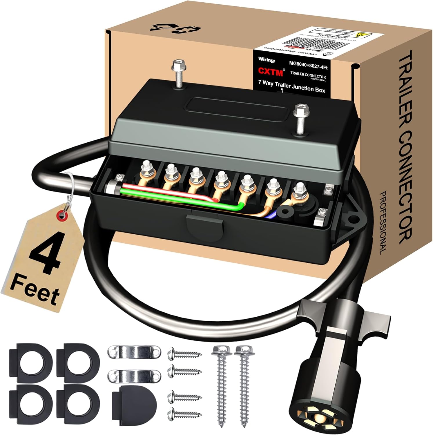 7 Pin Trailer Wiring Harness with 7 Gang Junction Box - 4 Feet, Heavy Duty 7-Pin Trailer Cord Wire Cable, 7 Way Trailer Plug with Junction Box, Trailer Junction Box 7 Pole Waterproof (4ft) 4FT with Junction Box