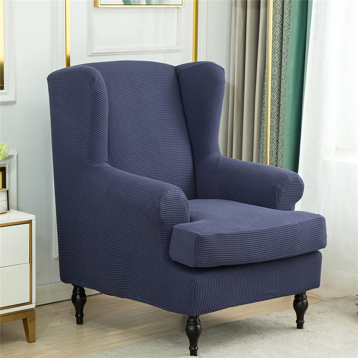 Highdi Navy Blue Wingback Chair Covers 2 Piece Stretch Wing Chair Slipcover, Washable Spandex Fabric Jacquard Sofa Cover Furniture Protector For Armchair Chairs Living Room Bedroom Hotel (Navy Blue)