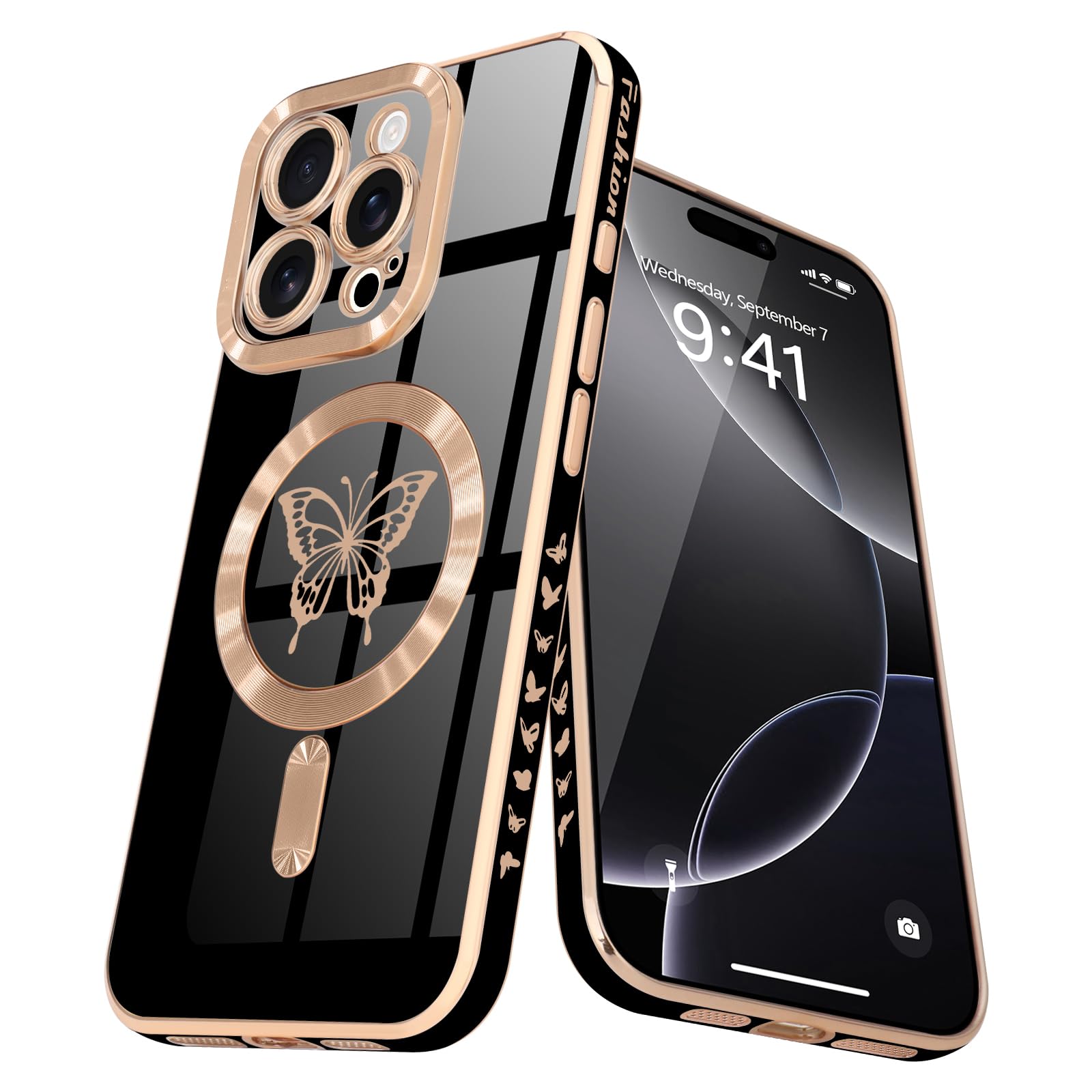 Lafunda Magnetisch Hülle für iPhone 16 Pro Max Handyhülle Schutzhülle Kamera-Vorsprung Case Schmetterling Vergoldung Glitzer Mädchen Stoßfest Cover für iPhone 16 Pro Max Schwarz