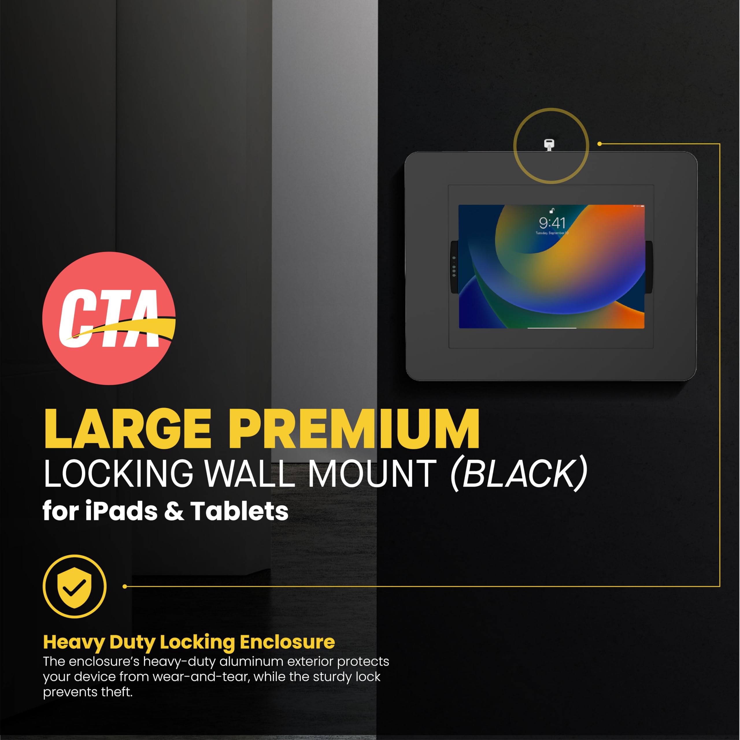 CTA - Soporte de Pared con Bloqueo para iPad, Carcasa Grande antirrobo para Tablet con Cerradura y enrutamiento Interior de Cables para iPad Pro de 13” (M4), iPad Pro de 12,9”, iPad Air de 13” M3/M2