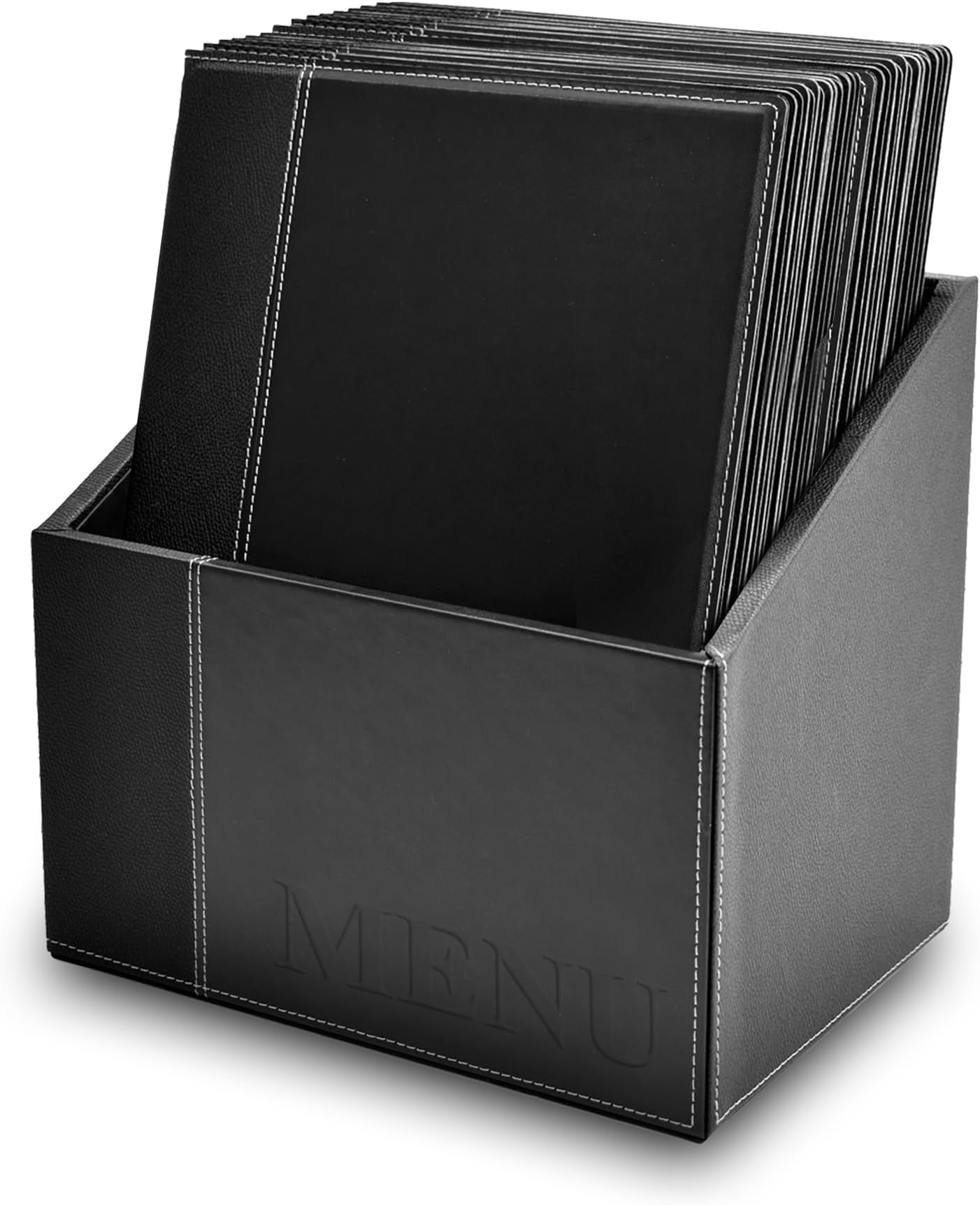 Securit Classic Leather Menu Range Faux Leather a4 Menu Holders in Matching Storage Box Displays 4 Inner Pages Pack of 20 Restaurant Cards in Box Black