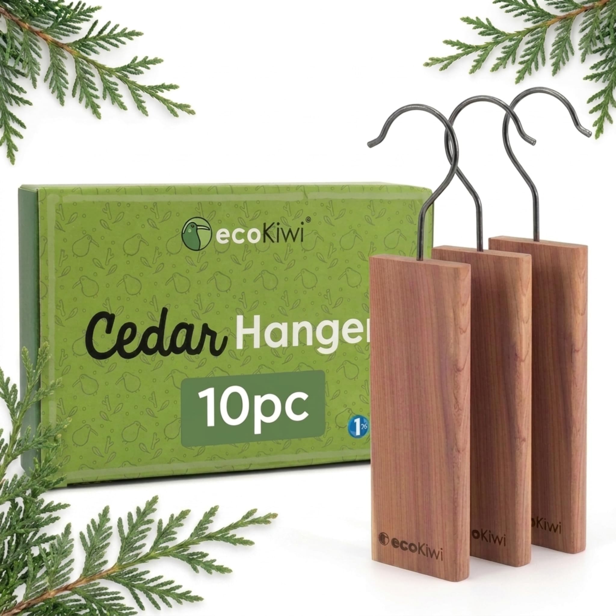 ecoKiwi Cedar Blocks for Clothes Storage - 10 Cedar Hangers for Closet | Natural Aromatic Red Cedar Hangers for Closets & Drawers - Cedar Planks for Moth Protection, 10 Hanging Blocks with Sandpaper