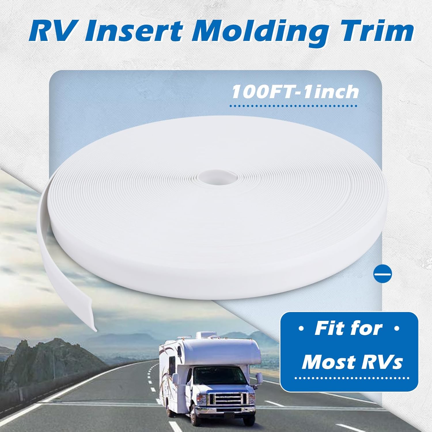 1" RV Trim Molding Insert with Flat Metal End Caps, RV Screw Cover Trim, Vinyl RV Corner Molding, Weather Stripping Roof Gutter Trim Exterior for RV Camper Travel Trailer (White, 100FT - 1" Wide)