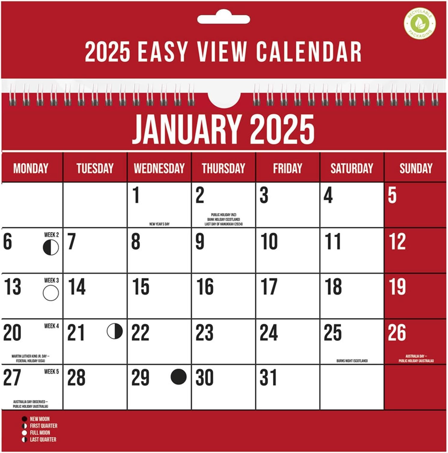 2025 Wall Calendar Easy View Planner 1 Month Per Page Hanging Spiral