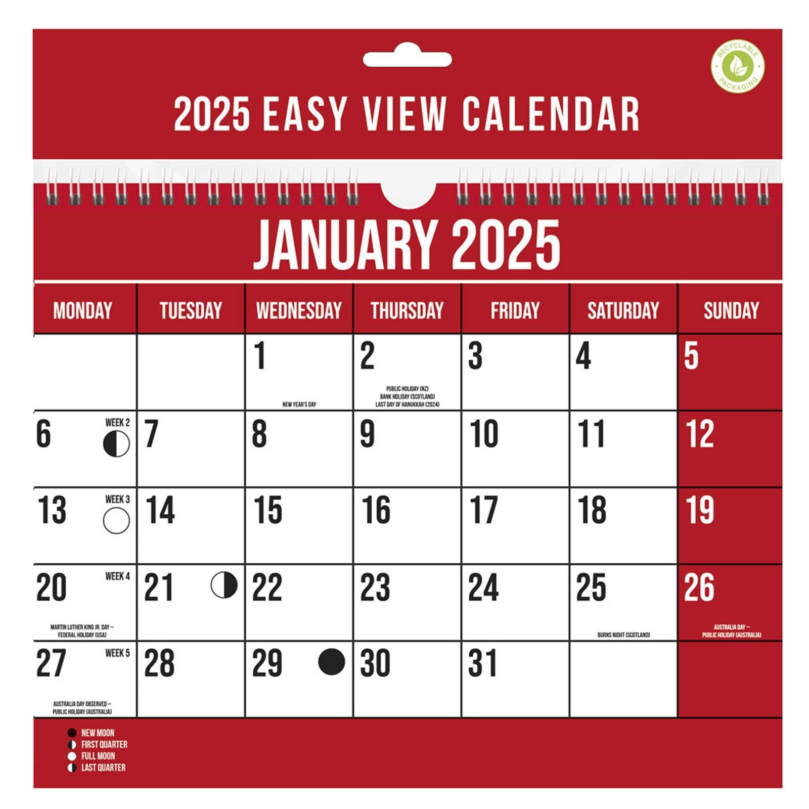 2025 Wall Calendar Easy View Planner 1 Month Per Page Hanging Spiral Bound Red