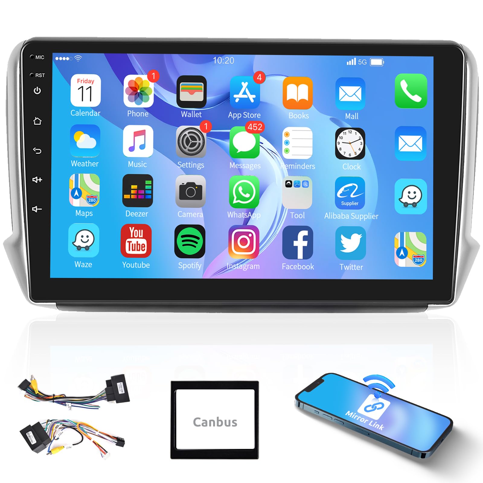 Podofo Android Autoradio GPS per Peugeot 208/2008 2012-2018, 10" Touchscreen Wifi Bluetooth FM RDS Radio Dulica Schermo USB Navigazione per Auto Video Stereo Player +Canbus