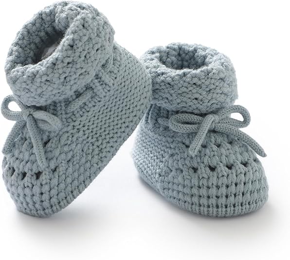 Baby Booties 100% Cotton Knitted Newborn First Cozy Warm Crib Shoes for Toddler Infant Boy Girl Babys Shower Gift