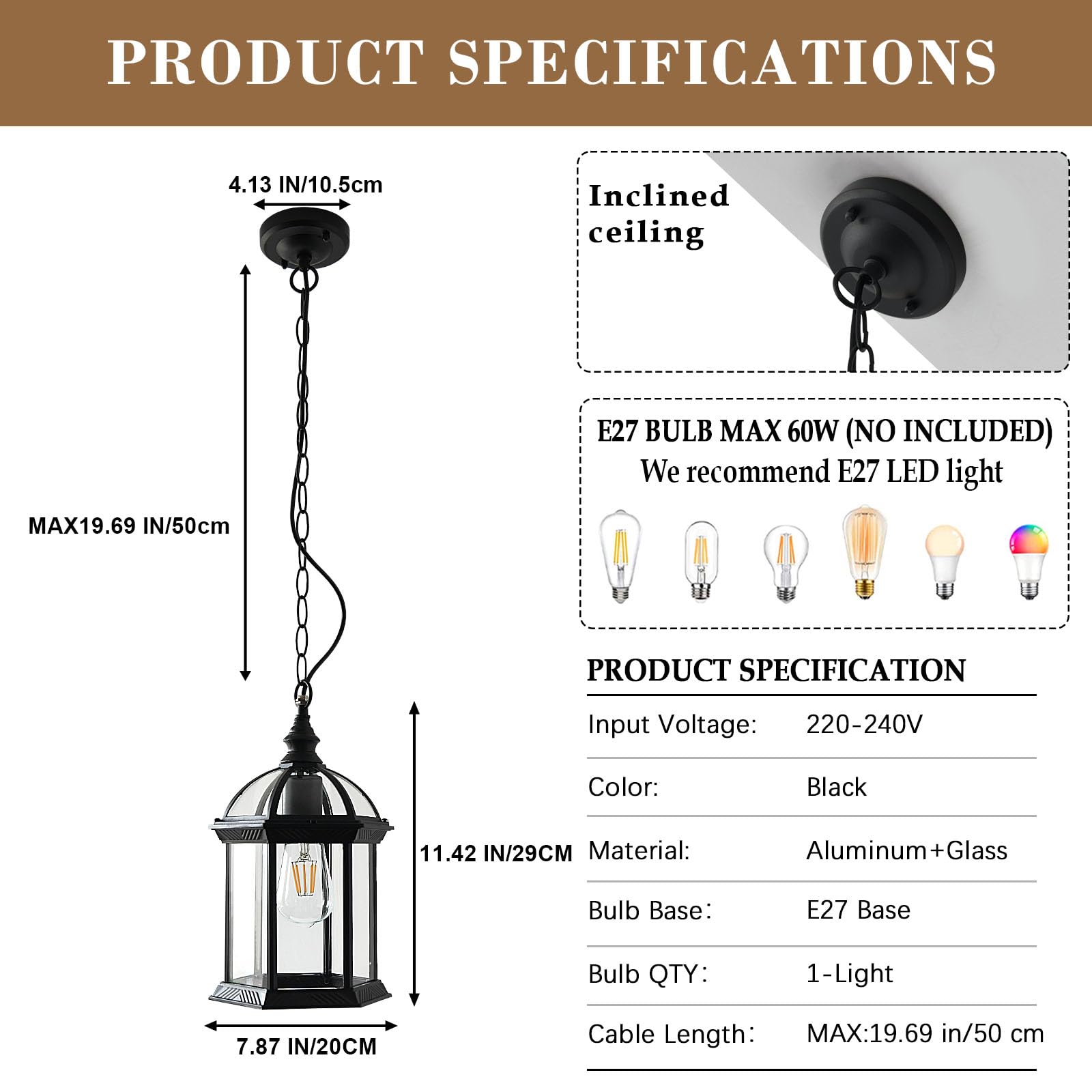 Lampada a Sospensione Esterno Impermeabile Nero Retro Lampadario A Sospensione Luci Esterno E27 Alluminio Antiruggine E Vetro Spesso Industriale Lanterna Da Esterno Giardino Lampadario Vintage Gazebo