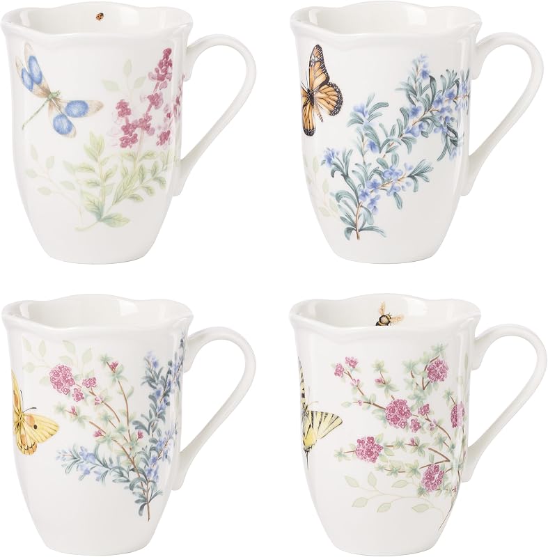 Lenox Butterfly Meadow Herbs Porcelain Mug Set for 4, 12oz | dishwasher safe, microwave safe | floral design | coffee mug gift for coffee lovers | 4.25 inch, 12oz