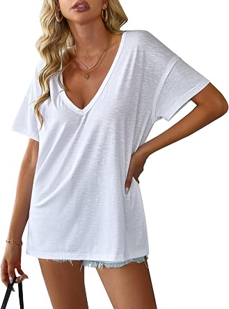 Avanova Women V Neck Side Slit Split Tee Oversized Short Sleeve T Shirts Summer Tops