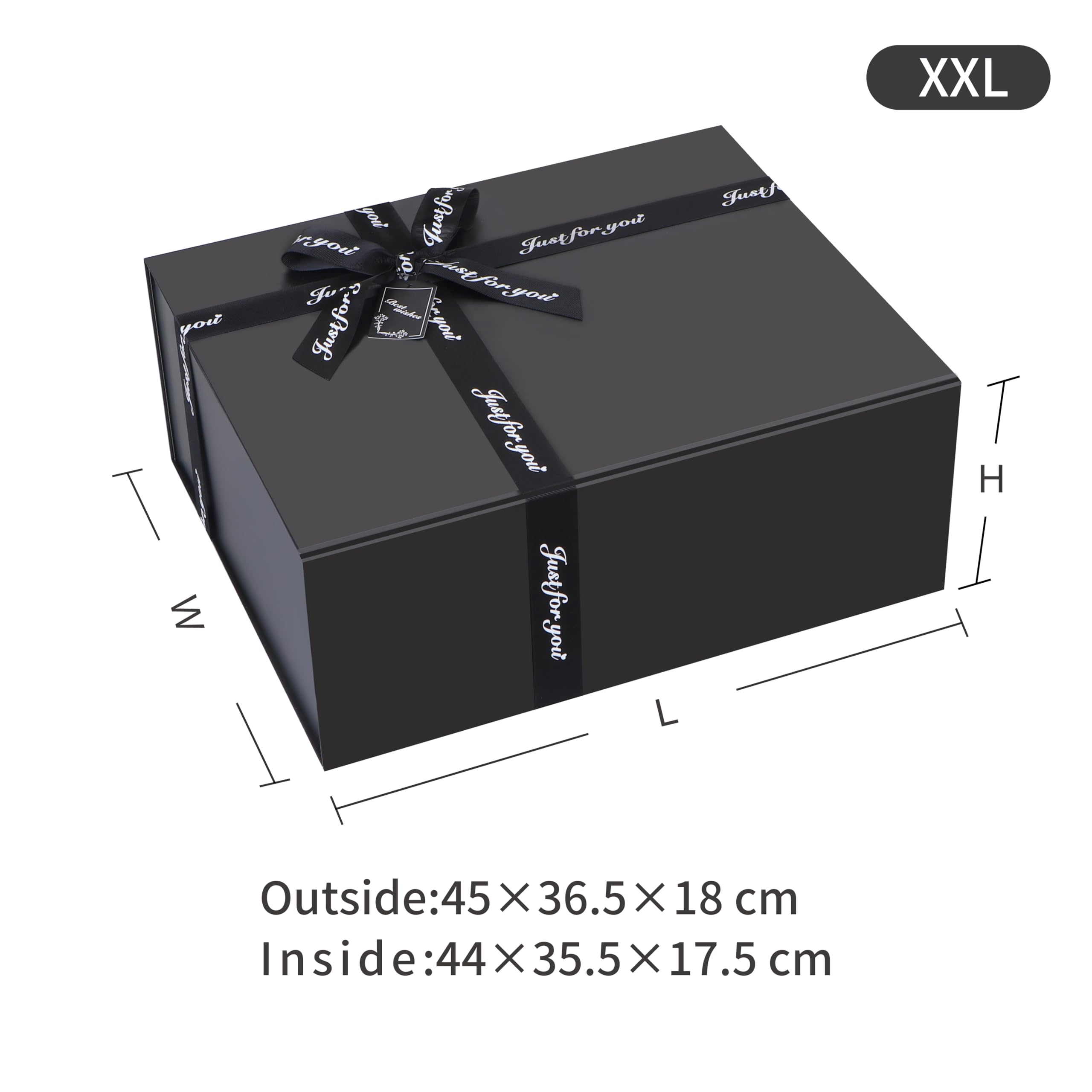 JiaWei Scatola Regalo 45x37x18 cm XXL, Lussuosa Scatole Regalo con Coperchio Magnetico e Fiocco per Matrimoni, Natale, Compleanni, Anniversari con Biglietti di Auguri - Nero
