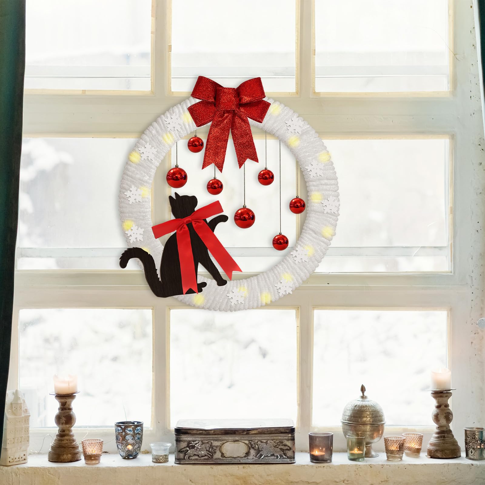 Cinrobiye Kit de fabrication de couronnes de Noël à faire soi-même pour couronne d'hiver – Kit de suspension murale avec fil chenille épais – Ornements rouges – Guirlande lumineuse à DEL pour porte