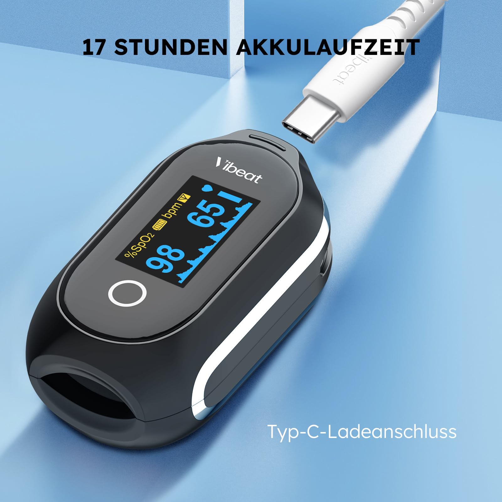 Vibeat Schlaf Bluetooth Pulsoximeter mit Dauermodus, Wiederaufladbares Sauerstoffsättigungs messgerät für Finger mit 8*10 Std Datenaufzeichnung, Blutsauerstoffmessgerät Finger mit Auto Datensynchron