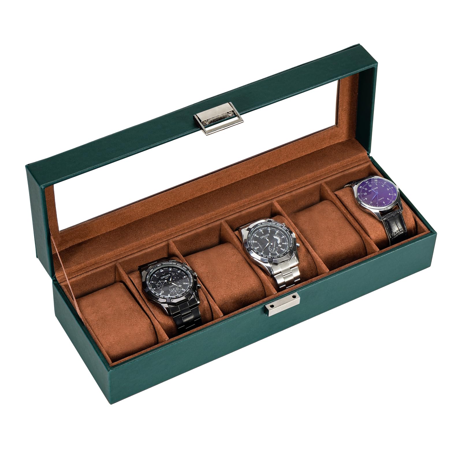 HVMBEUGOS Watch Box for Men, 6 Slot Watch Display Case Mens Watch Box Organizer, Watch Cases for Men Watch Storage, Watch Holder Organizer with Glass Lid -6Slot, MidnightGreen