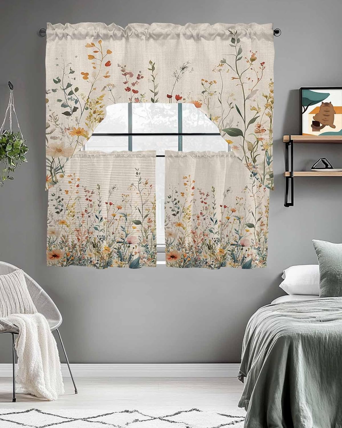 Vintage Botanical Kitchen Curtains Sets for Windows 3 Piece, Spring Floral Summer Botanical Rustic Kitchen Curtains and Valances Tier Set 24 Inch Length Swag Curtain for Living Room Cafe Bathroom