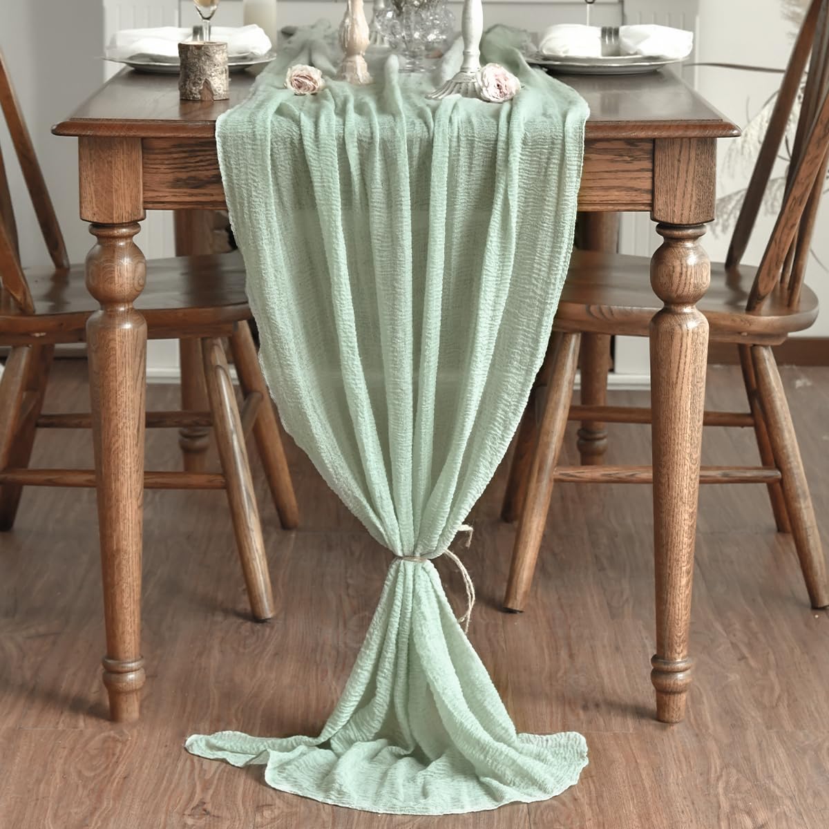 Artoid Mode Chemins de Table Gaze Mousseline Bohême Vert Sauge 300 cm, Décoration de Table de Cuisine Vacances Mariage Fête d'anniversaire