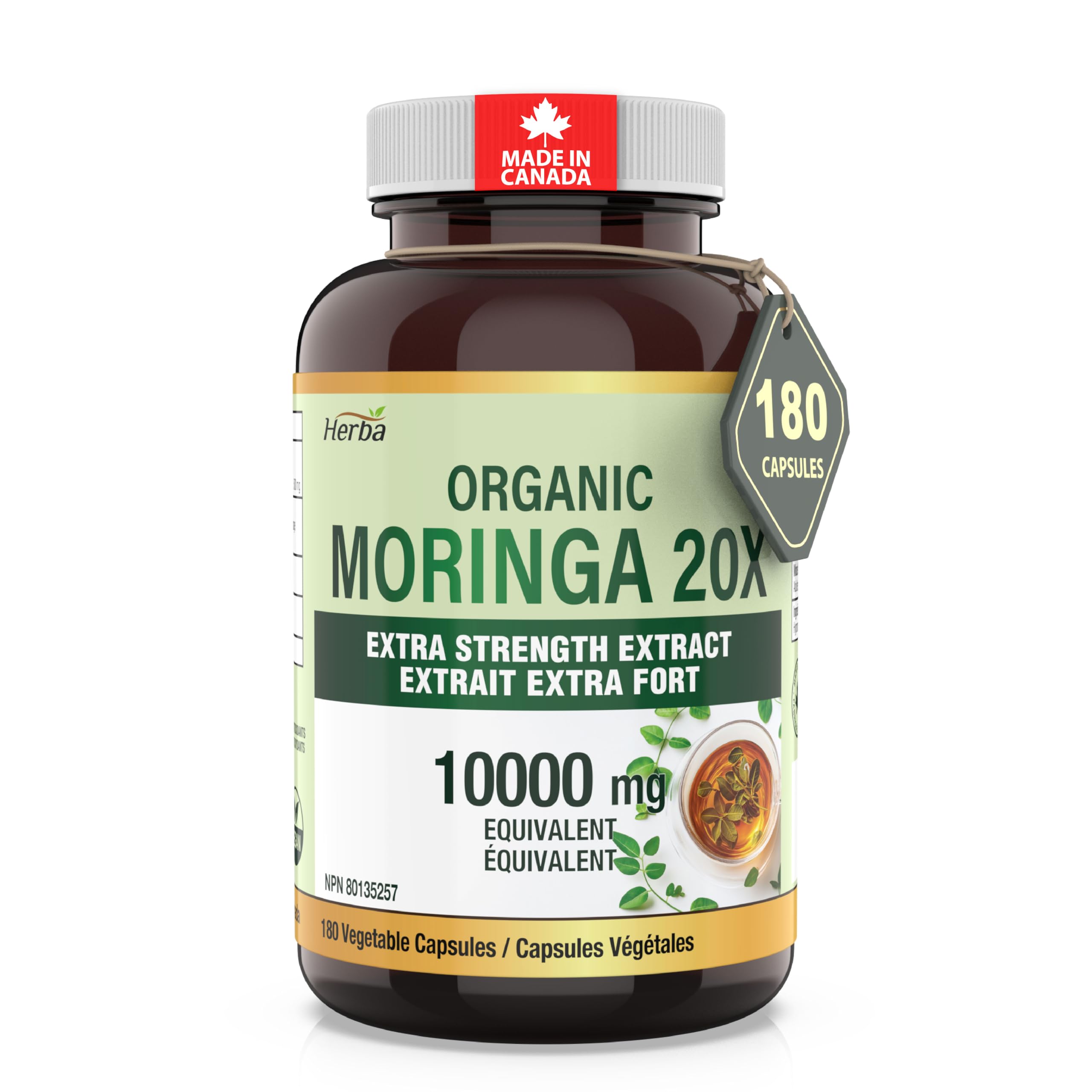 Herba 10,000MG Organic Moringa Capsules – 180 Count | Ultra Potent - 20:1 Extract | Made in Canada | Pure Moringa Capsules using Organic Moringa Powder