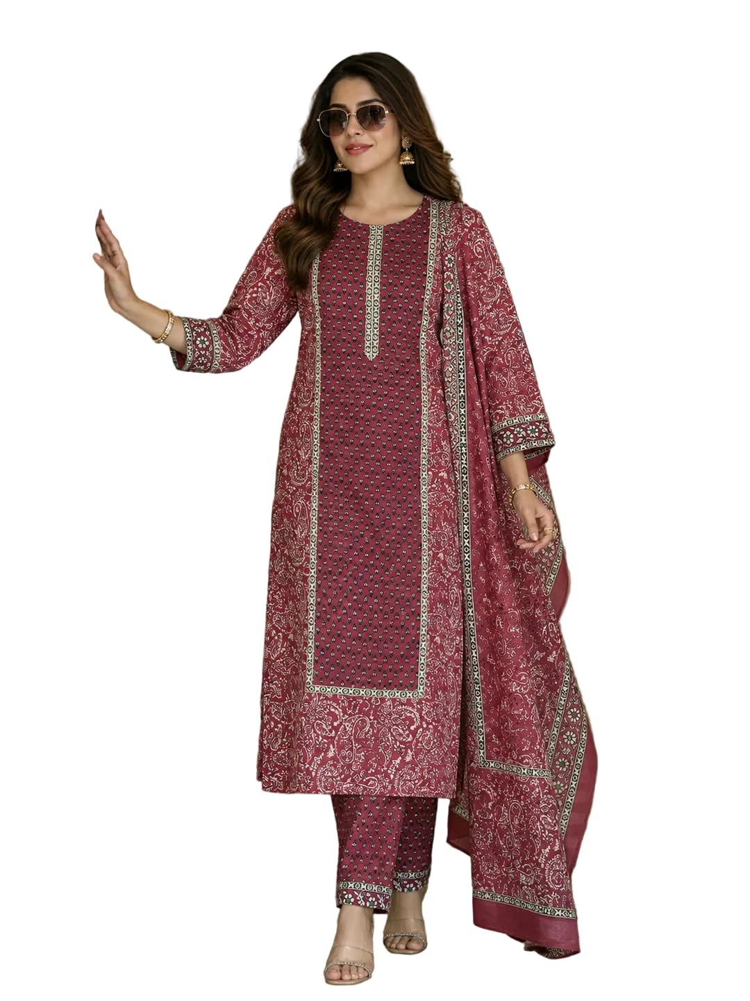 berrylicious Women Pink Cotton Printed & sequinned Embroidered Kurta with pant & Dupatta-picture-43