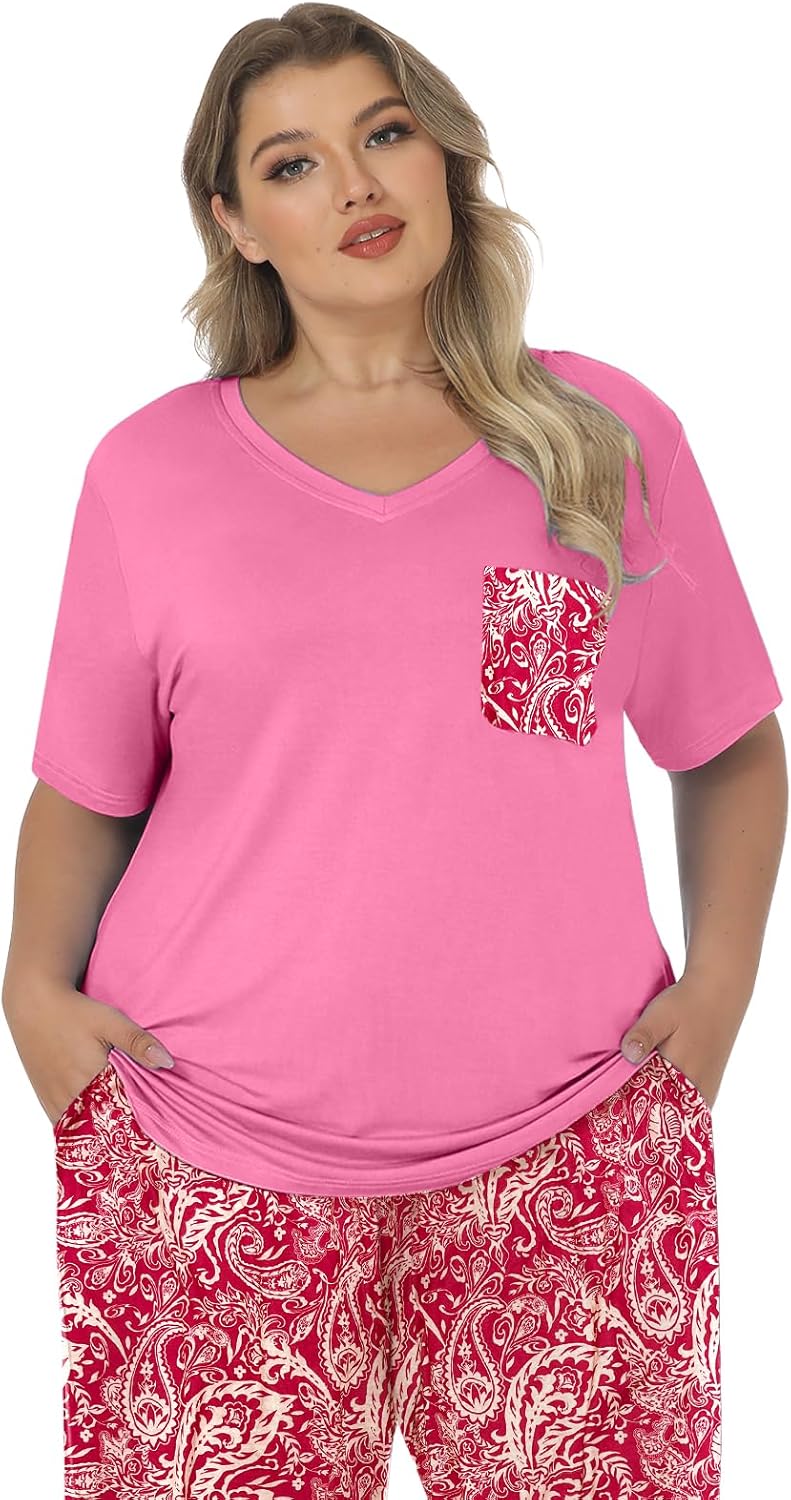 Womens Modal Plus Size Pajamas Capri Pajama Sets Soft Pjs V Neck Shirt Printed Capri Pants With Drawstring S-3XL - Image 3