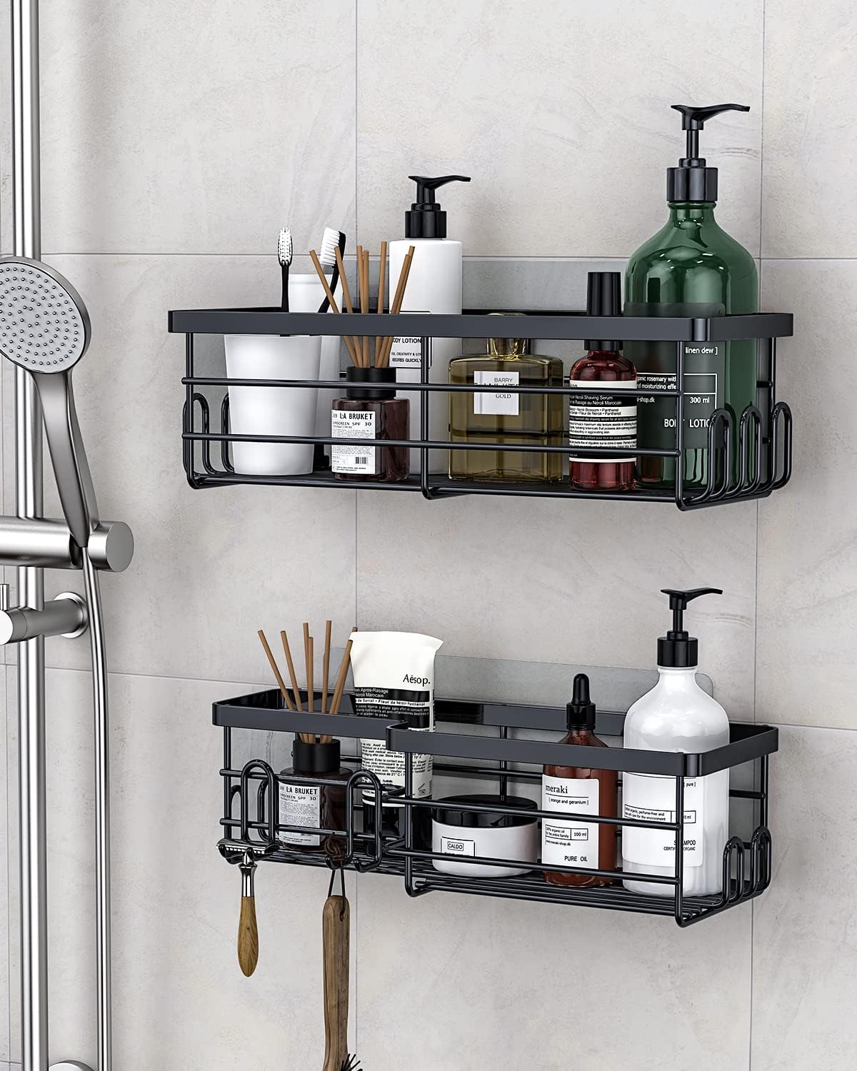 Uamector Shower Caddy 3 Pack, Strong Adhesive Bathroom Shower Organizer with 17 Hooks, No Drilling Rust Proof Wall Mounted Shower Shelves Storage for Bathroom, Toilet, Kitchen and Dorm, Black